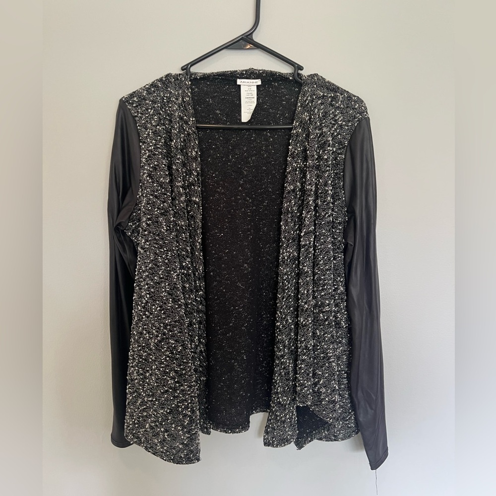 Arianne Black Textured Knit Jacket Faux Leather Sleeve Cardigan Size Large